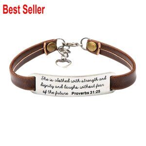 Fengma PU Leather Bracelet with Engraved Brass Plate, Stretch Fit